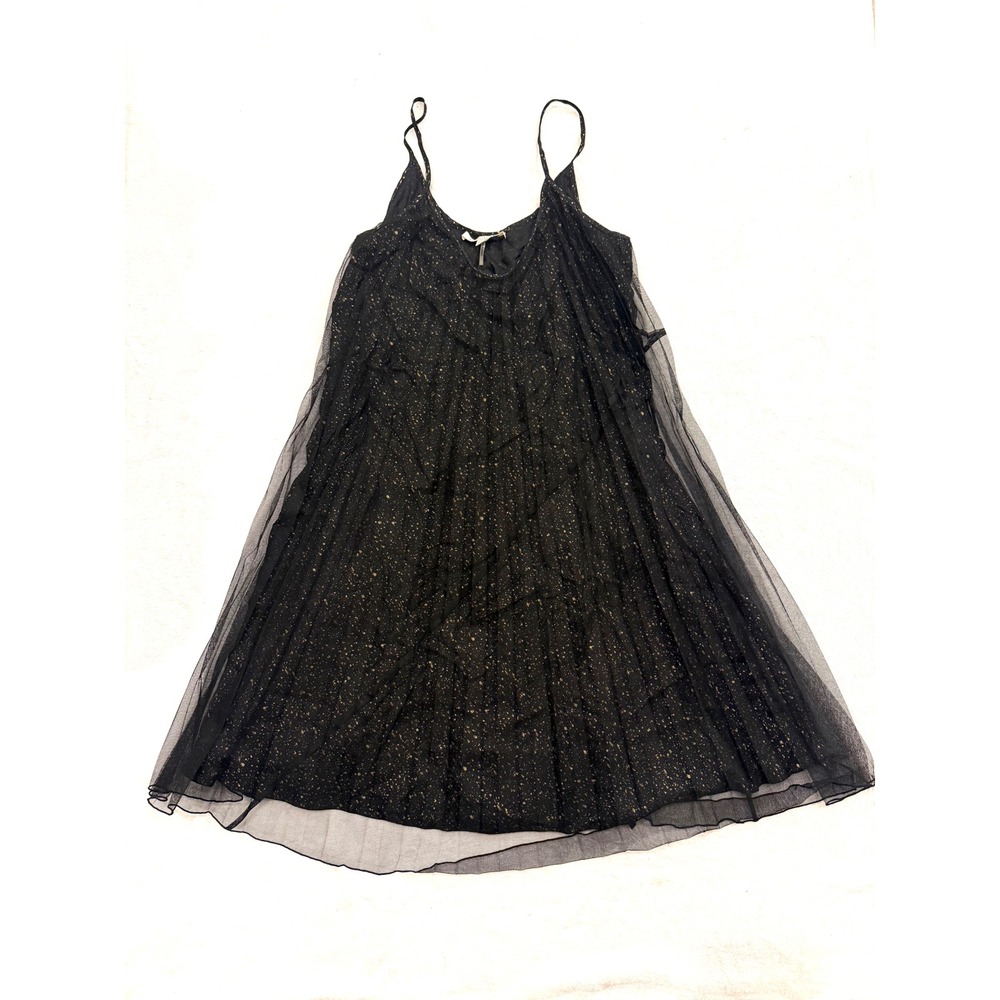 7 For All Mankind Black Gold Silk Tulle Pleated Dress N0063-244I Small
